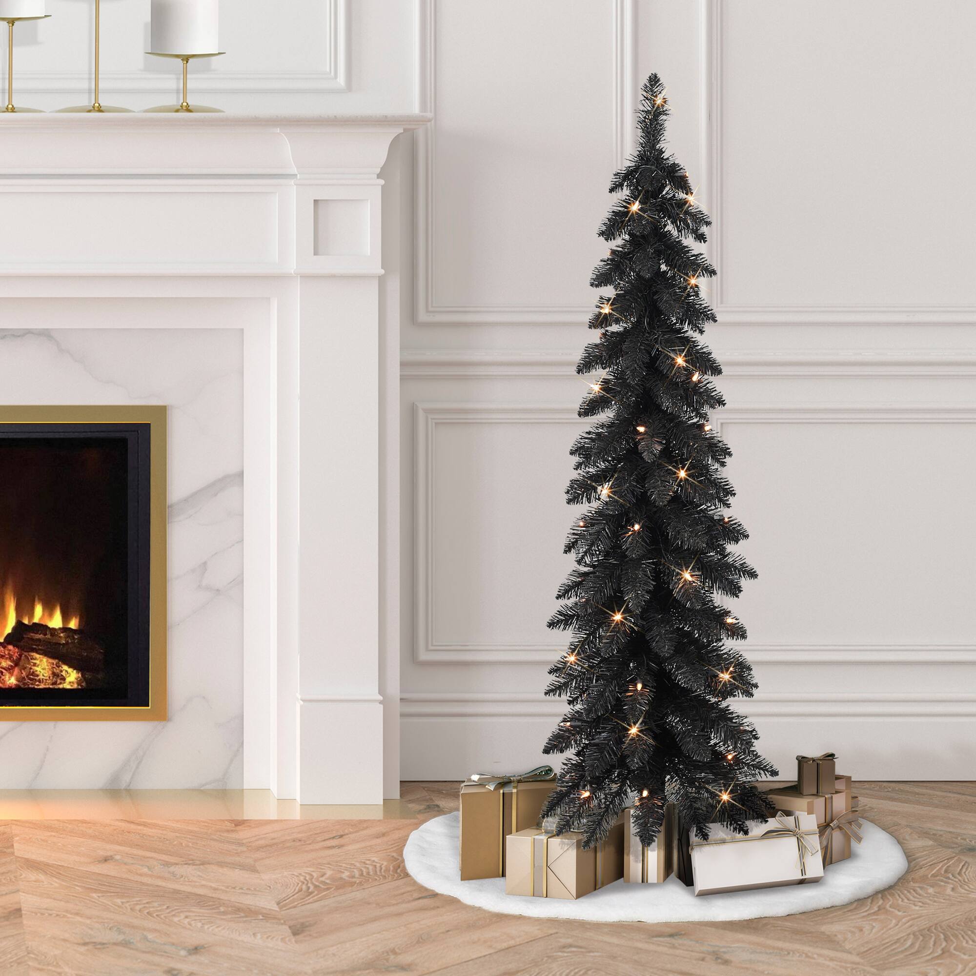 4ft. Pre-Lit Black Artificial Alpine Pencil Christmas Tree, Clear Lights
